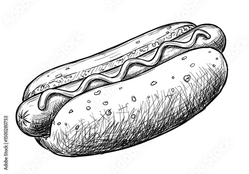 Hot Dog Sketch Illustration. With ketchup and mustard, transparent background. Fast food icon, menu graphic