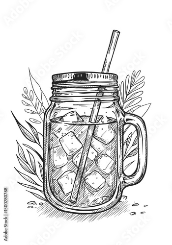 Iced Tea Jar Illustration. With ice, straw, plants, transparent background. Refreshing drink, summer graphic, culinary blog