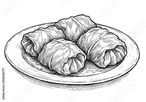 Holubtsi Rolls Sketch. Monochrome illustration on plate, transparent background. Traditional Eastern European food, restaurant menu graphic
