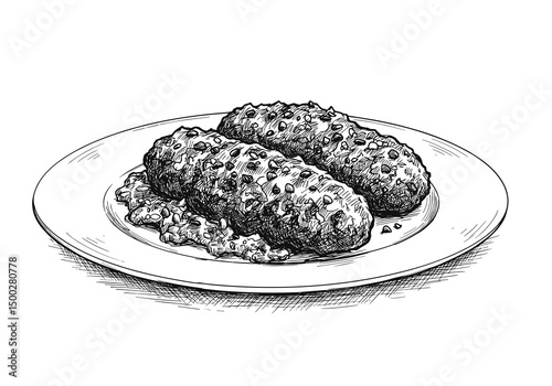 Kefta with Rice Illustration. Hand-drawn sketch on plate, transparent background. Middle Eastern food icon, restaurant menu graphic