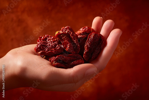 Dried red chili peppers held in a hand. photo