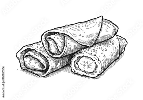 Turon Rolls Plate. Banana and caramel filled Filipino dessert, transparent background. Sweet snack icon, menu illustration, food graphic