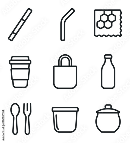 Eco-Friendly Icons. Outline icon set of alternatives to single-use plastics: bamboo straw, metal straw, beeswax wrap, reusable cup