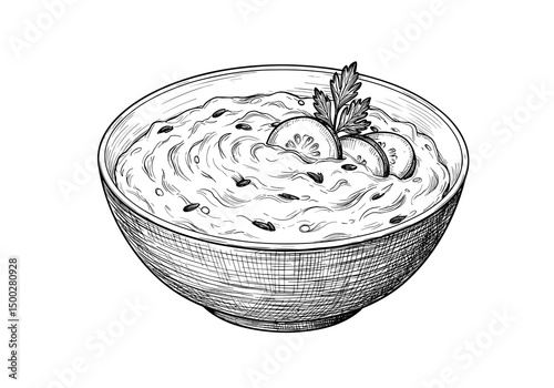 Tzatziki Sauce Bowl. Fresh dip with cucumber and herbs garnish, transparent background. Greek food icon, appetizer, restaurant graphic, recipe ingredient