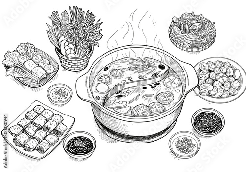 Vietnamese Hot Pot Illustration. Monochrome sketch of ingredients and side dishes, transparent background. Asian cuisine, cooking concept, food icon, restaurant menu