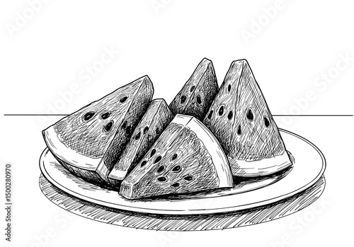 Watermelon Slices. Simple hand-drawn sketch on plate, transparent background. Summer fruit icon, healthy food graphic, recipe illustration