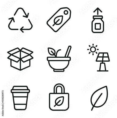 Eco-Friendly Icon Set. Outline icon set of sustainable and eco-friendly crafts: recycled material icon, biodegradable tag,