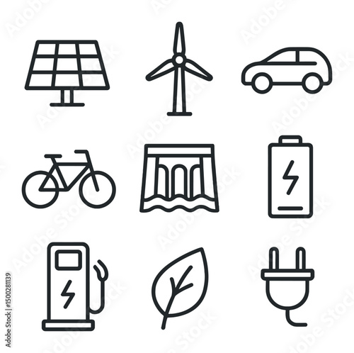 Clean Energy Icons. Outline icon set of clean energy solutions: solar panel, wind turbine, electric car, bicycle icon, hydro dam,