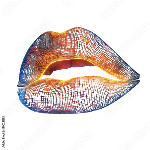 Glowing lips wireframe design beauty fashion makeup art digital rendering on transparent background
