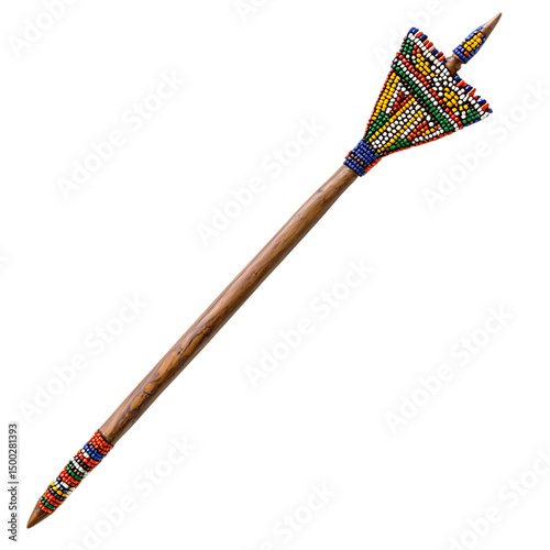 A Carved Wooden Arrow with Maasai Beadwork East Afr Isolated on Transparent Background photo