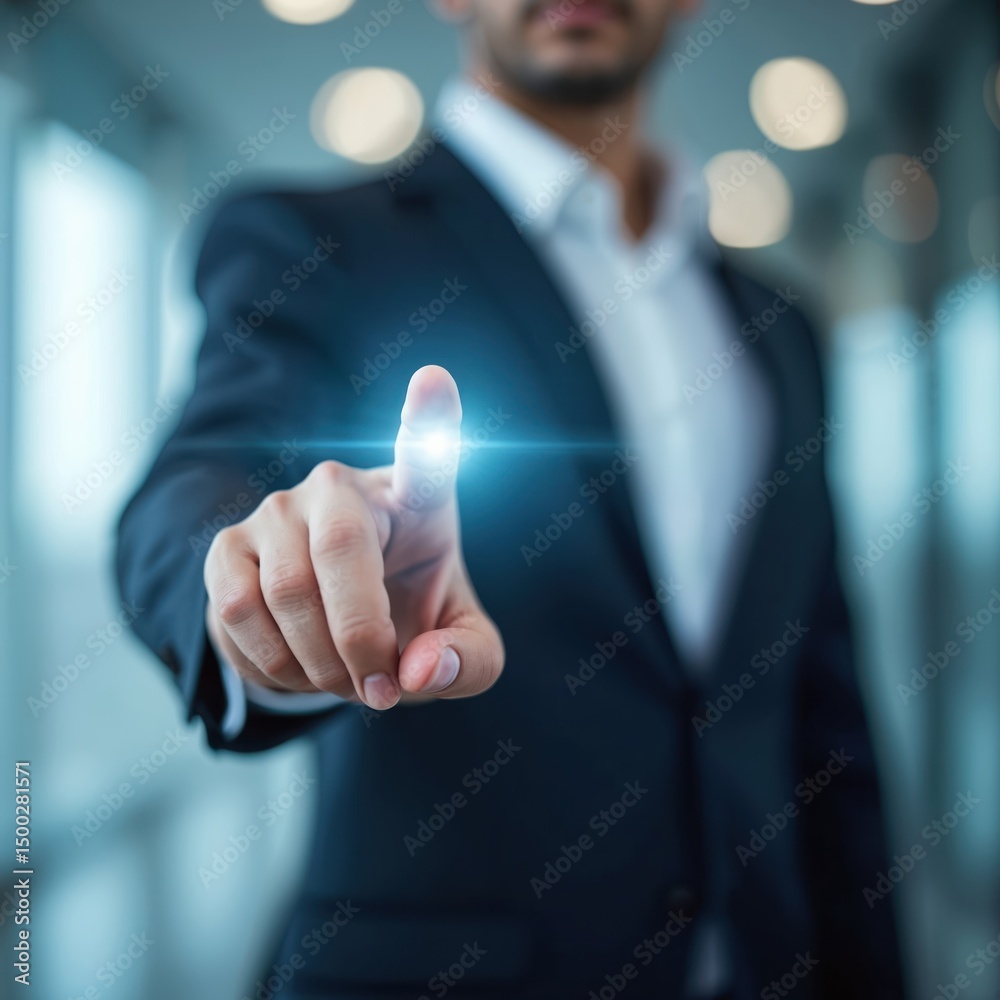 Businessman touching virtual screen, modern business background concept. Finger pointing at empty digital screen. Man in business suit using futuristic interface, interactive technology. Business