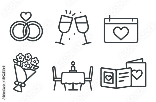 Wedding and romance outline icons set – linear, silhouette, love occasion symbols