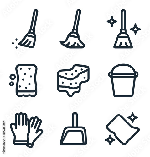 Cleaning Tool Icons. Outline icon set of cleaning before and after: broom, mop, vacuum cleaner, spray bottle, sponge, bucket,