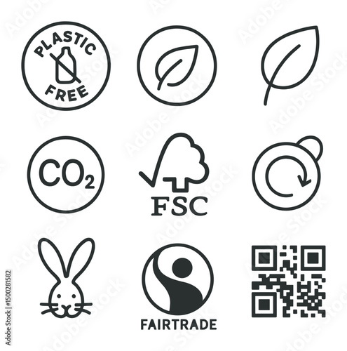 Eco-Friendly Icon Set. Outline icon set of eco-friendly product labels: “plastic-free” badge, compostable mark, organic leaf,
