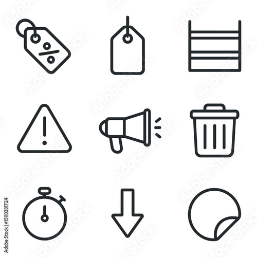 Clearance Markdown Icons. Outline icon set of clearance markdowns: slashed price tag, red tag, empty shelf, exclamation mark,
