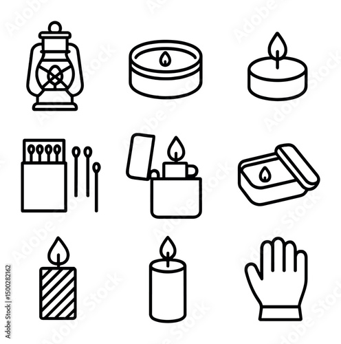 Emergency Candle Icons. Outline icon set of emergency and survival candles: hurricane lantern, emergency tin candle, camping