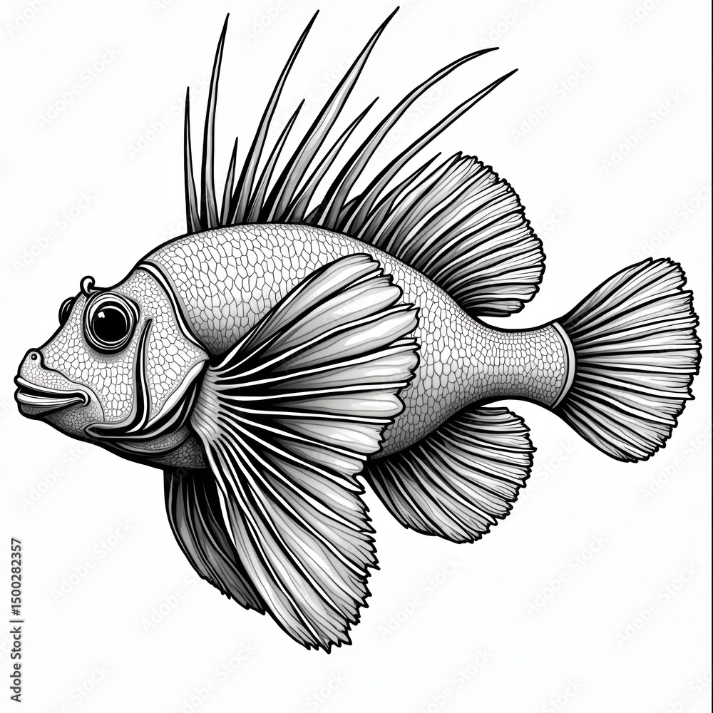 Fototapeta premium Black and white visual line art illustration of lionfish. Exotic marine creature for adult coloring book design. Detailed art, line drawing with unique body shape. Underwater animal illustration.