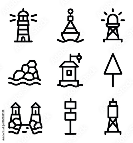 Coastal Landmark Icons. Outline icon set of coastal landmarks and aids: lighthouse, buoy, beacon light, channel marker, breakwater
