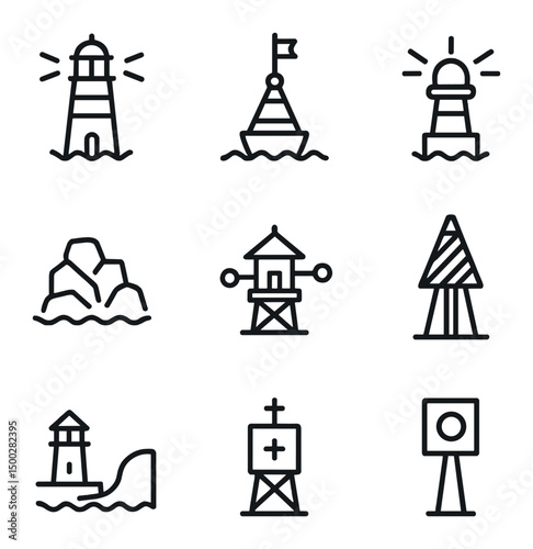 Coastal Landmark Icons. Outline icon set of coastal landmarks and aids: lighthouse, buoy, beacon light, channel marker, breakwater