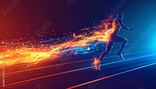 Athlete sprints, fiery trails, night race