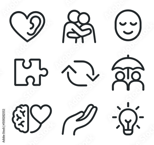 Empathy Icon Set. Outline icon set of empathy and understanding: heart–ear fusion, hugging figures, empathetic face, shared