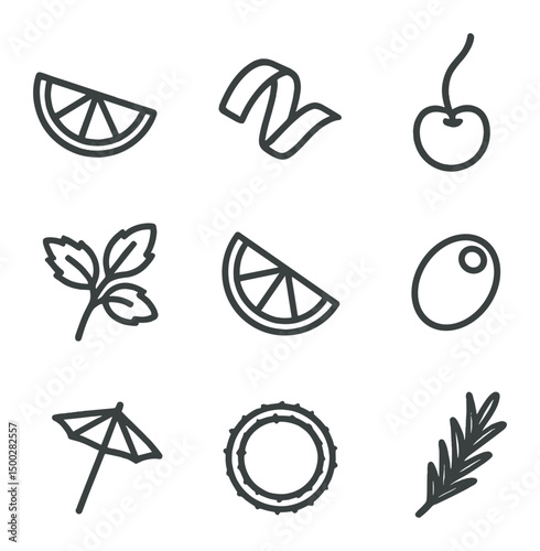 Cocktail Garnish Icons. Outline icon set of garnishes & add-ons: lime wedge, lemon twist, cherry, mint sprig, orange slice, olive,