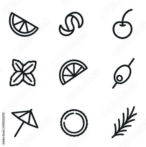 Cocktail Garnish Icons. Outline icon set of garnishes & add-ons: lime wedge, lemon twist, cherry, mint sprig, orange slice, olive,