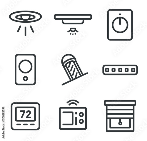 Energy Efficient Icons. Outline icon set of efficient lighting and climate control: recessed lighting, under-cabinet light, dimmer