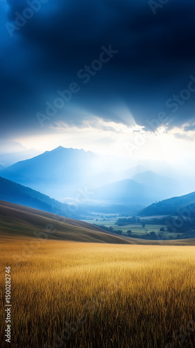 Golden wheat field under dramatic sky with sun rays shining through clouds over distant mountains.