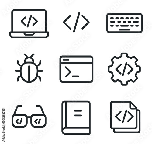 Coding Icons Set. Outline icon set of coding practice routines: laptop screen, code brackets, keyboard, bug icon, terminal window,