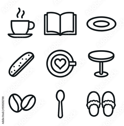 Coffee Reading Ritual. Outline icon set of chosen family gatherings: house outline, dinner table, heart home, open door, welcome