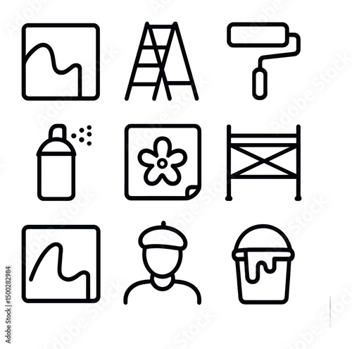 Collaborative Mural Icons. Outline icon set of collaborative mural painting: wall canvas, ladder, paint roller, spray can, stencil