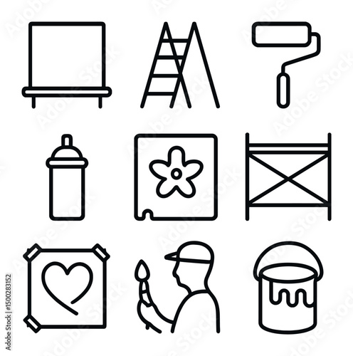 Collaborative Mural Icons. Outline icon set of collaborative mural painting: wall canvas, ladder, paint roller, spray can, stencil