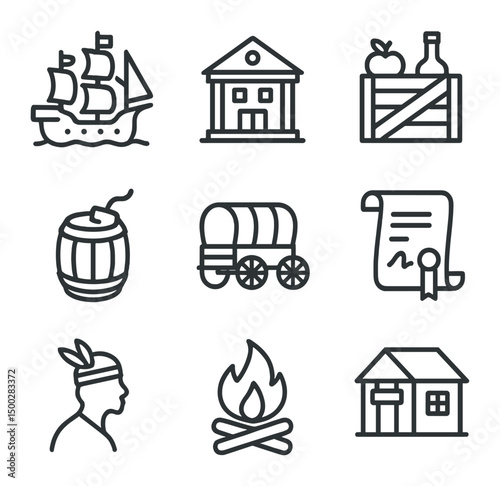 Colonial Icons. Outline icon set of colonial expeditions: galleon ship, plantation house, trade goods crate, powder keg, settler