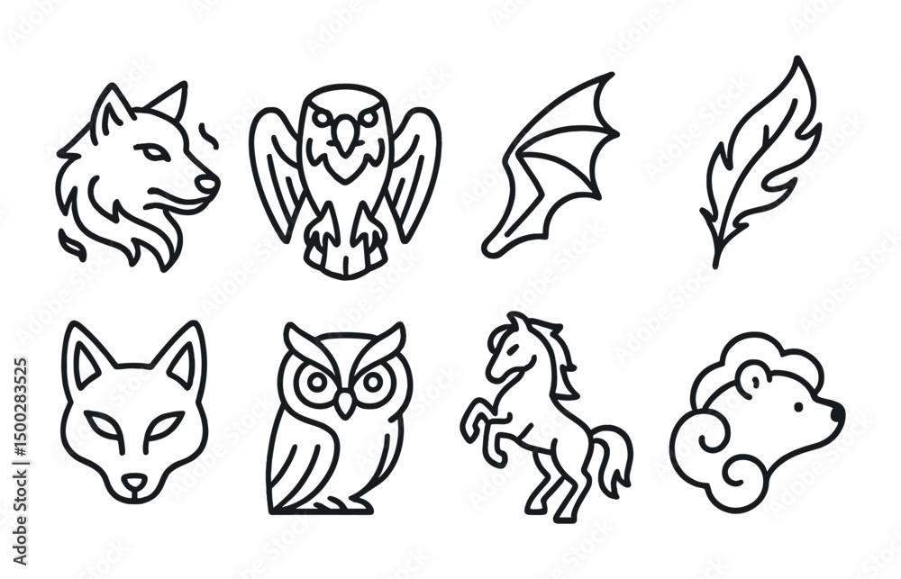 Fototapeta premium Animal and nature outline icons set – wildlife, forest, line art symbols