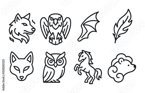 Animal and nature outline icons set – wildlife, forest, line art symbols