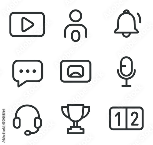 Esports Icons Set. Outline icon set of online features: multiplayer icon, cloud save, matchmaking arrows, voice chat mic, friend