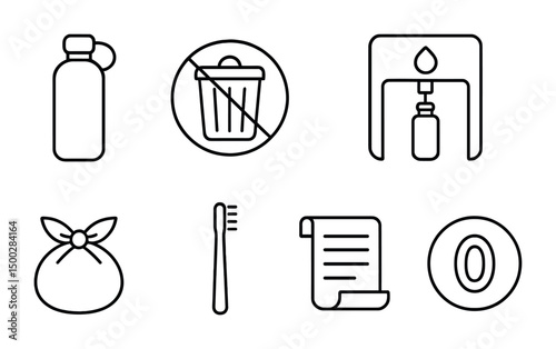 Eco-friendly icons: reusable bottle, waste reduction, and personal care essentials