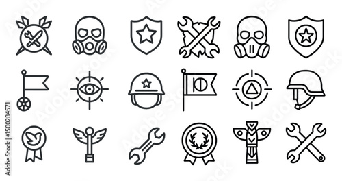 Military and defense outline icons set – solid, line, warfare and security symbols
