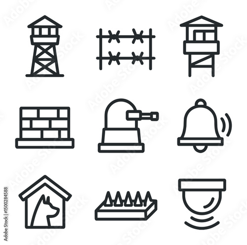 Community Defense Icons. Outline icon set of community defense structures: watchtower, barbed wire fence, guard post, barricade