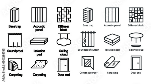 Acoustic solutions outline icons set – sound, noise reduction, home studio symbols