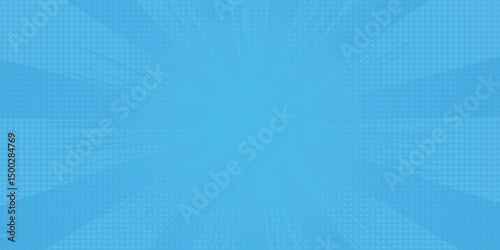 Comic background. Pop art texture. Starburst cartoon style. Anime design with explosion effect for print. Fun dot pattern. Blue backdrop with halftone gradient.