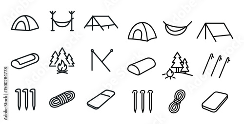 Camping and hiking outline icons set – line, linear, outdoor and adventure symbols