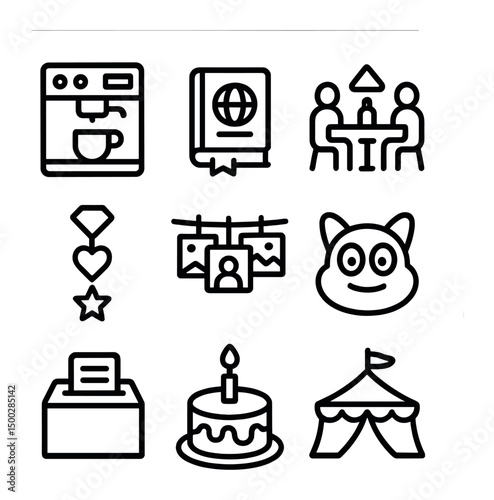 Company Culture Icons. Outline icon set of company culture immersion: coffee machine, culture handbook, team lunch, social event
