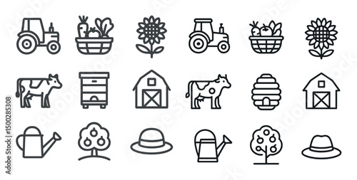 Farm and agriculture outline icons set – linear, garden, farming symbols