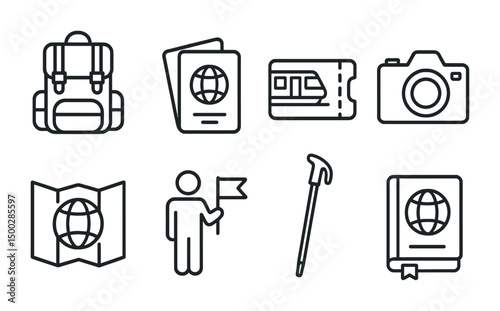 Travel and tourism icons set – line, outline, vacation and trip essentials
