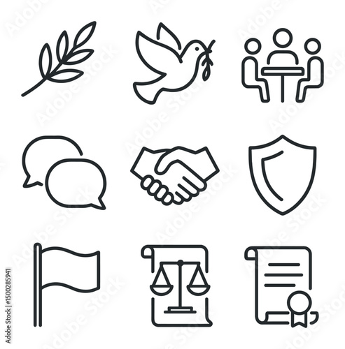 Conflict Resolution Icons. Outline icon set of conflict resolution strategies: olive branch, peace dove, mediation table, scales