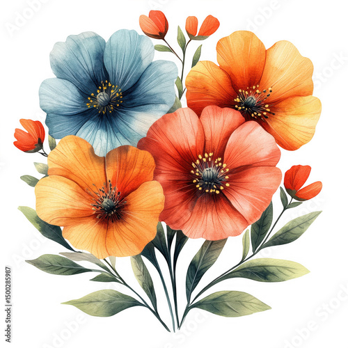 Watercolor floral bouquet painting flower arrangement botanical art print on transparent background
