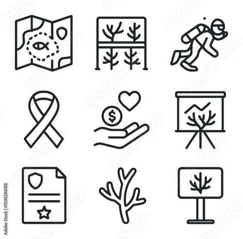 Conservation Icon Set. Outline icon set of conservation efforts: marine protected area map, coral nursery frame, volunteer diver,