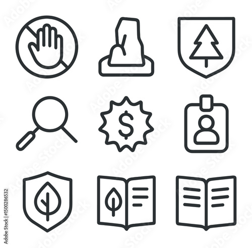 Conservation Signage Icons. Outline icon set of conservation and protection signage: no-touch hand, fragile formation, protected